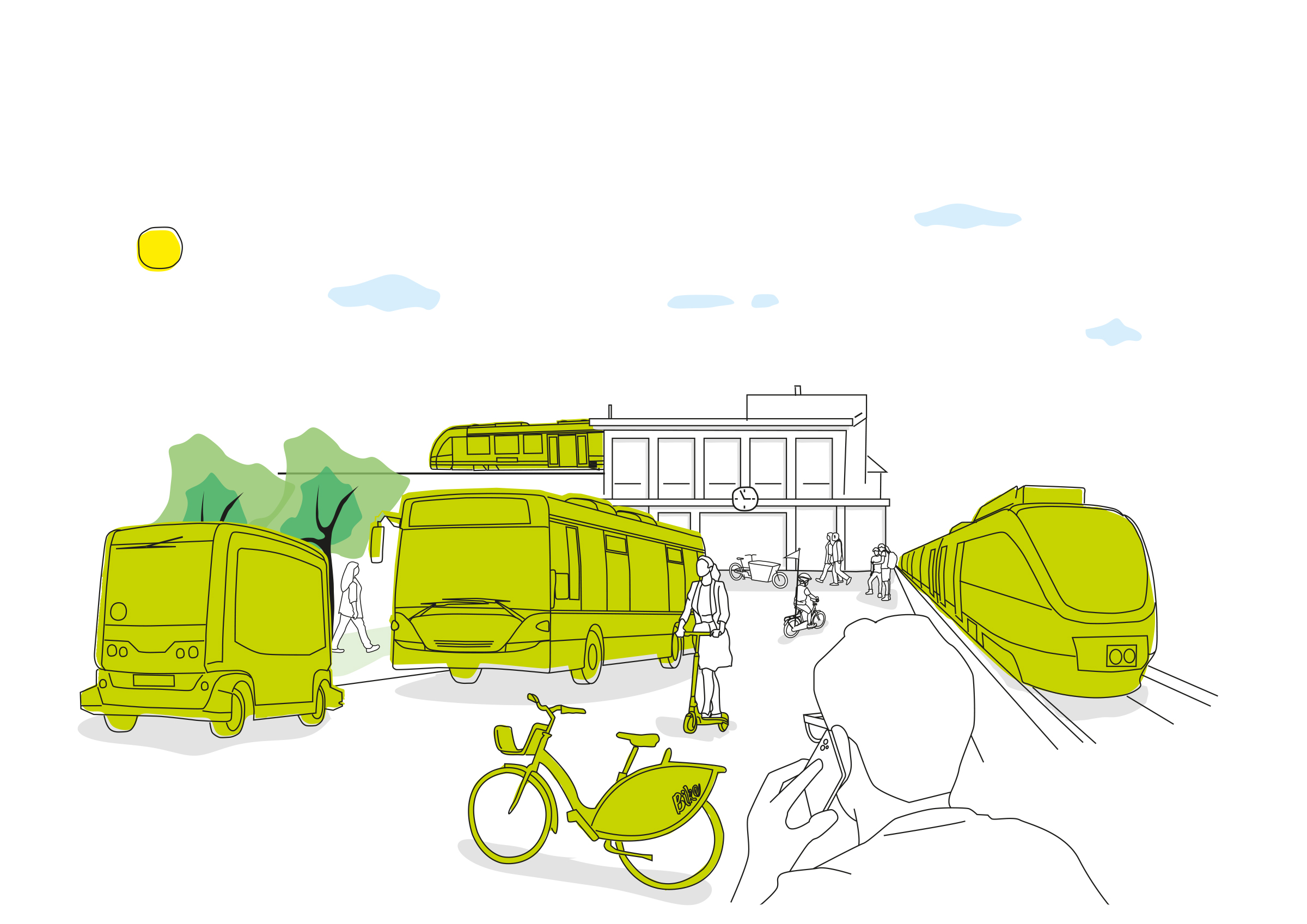 Eine Illustration zeigt Menschen, die verschiedene grüne Verkehrsmittel nutzen.