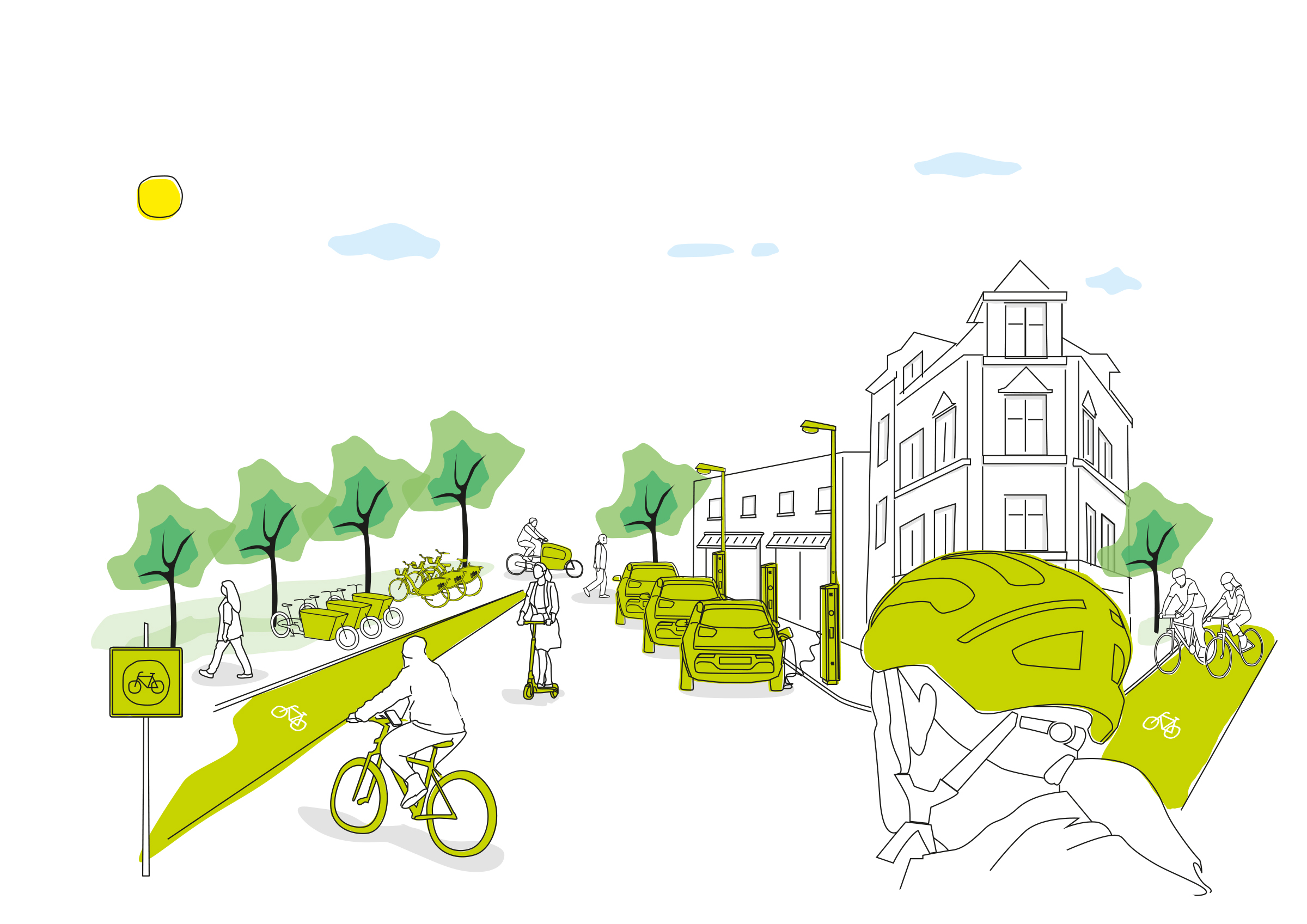 Eine Illustration mit Fahrradfahrer*innen und Autos an Ladesäulen auf einer Straße