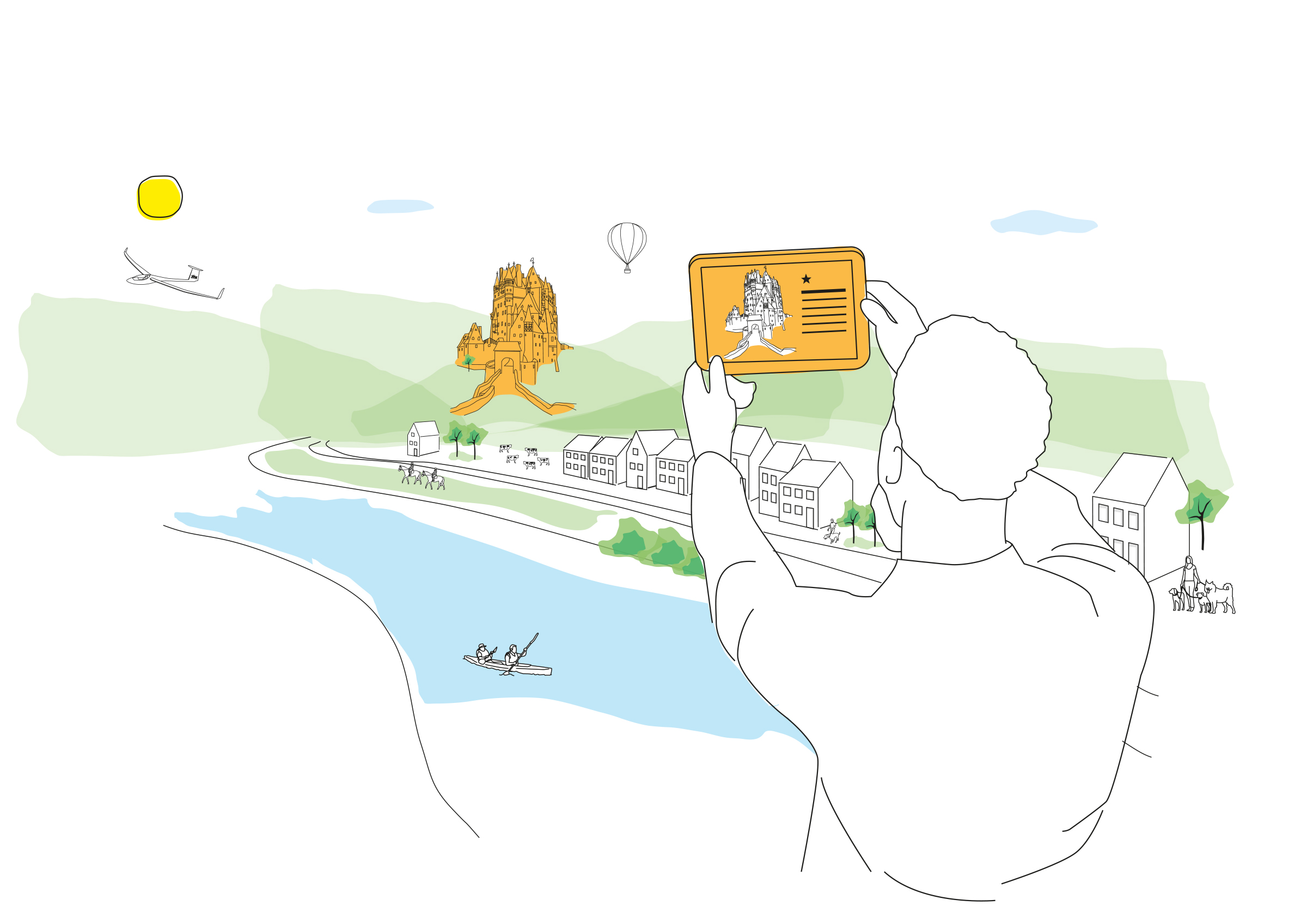 Eine Illustration zeigt einen Mann, der per Augmented Reality per Kamera Informationen zu einem im Hintergrund sichtbaren Schloss angezeigt bekommt.